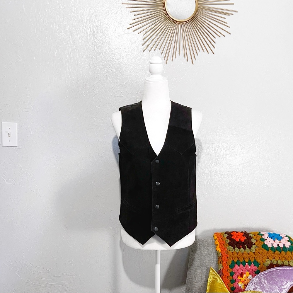 VTG 90s Don’t Stop Black Suede Leather Western Whimsigoth Snap Button Vest Large